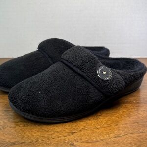 Vionic Sadie Womens Slip-on Clog Slippers w/ Silver Button, Black Plush, sz 6